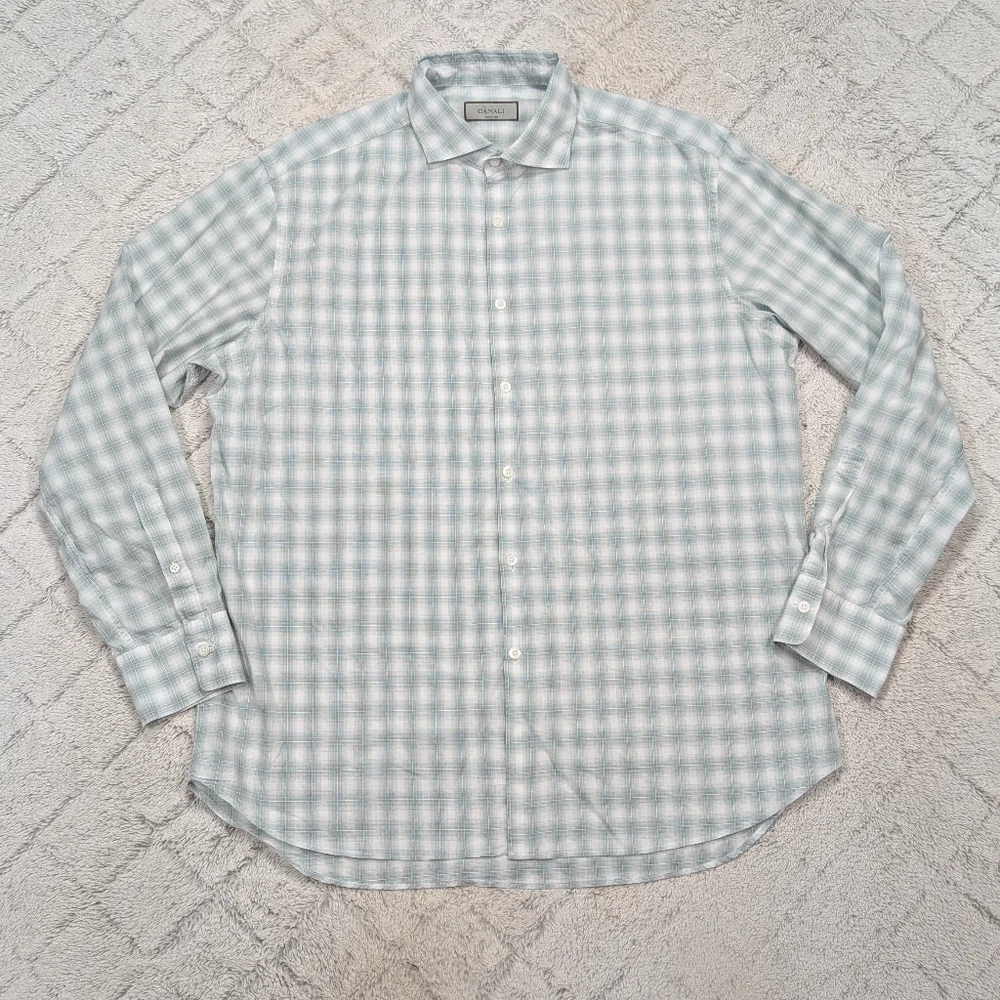 Canali Shirt Mens XL Green Check Cotton Ombre Sport Button Up Long Sleeve Office